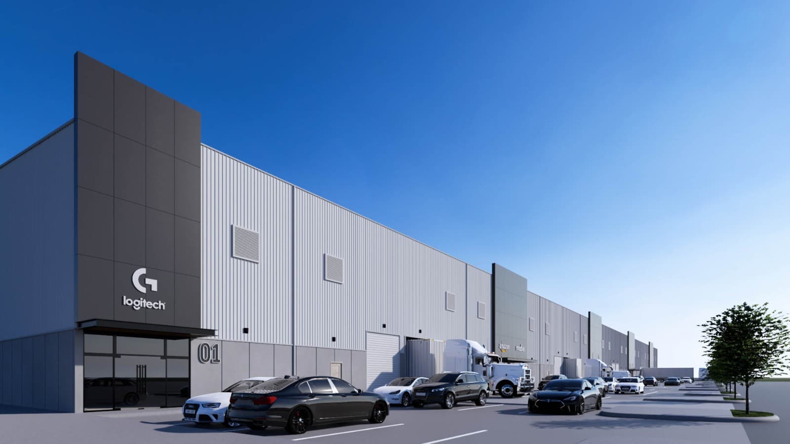 North Gateway Park front elevation — Class A warehouse Unit 01 with dark accent panels and full truck maneuvering court